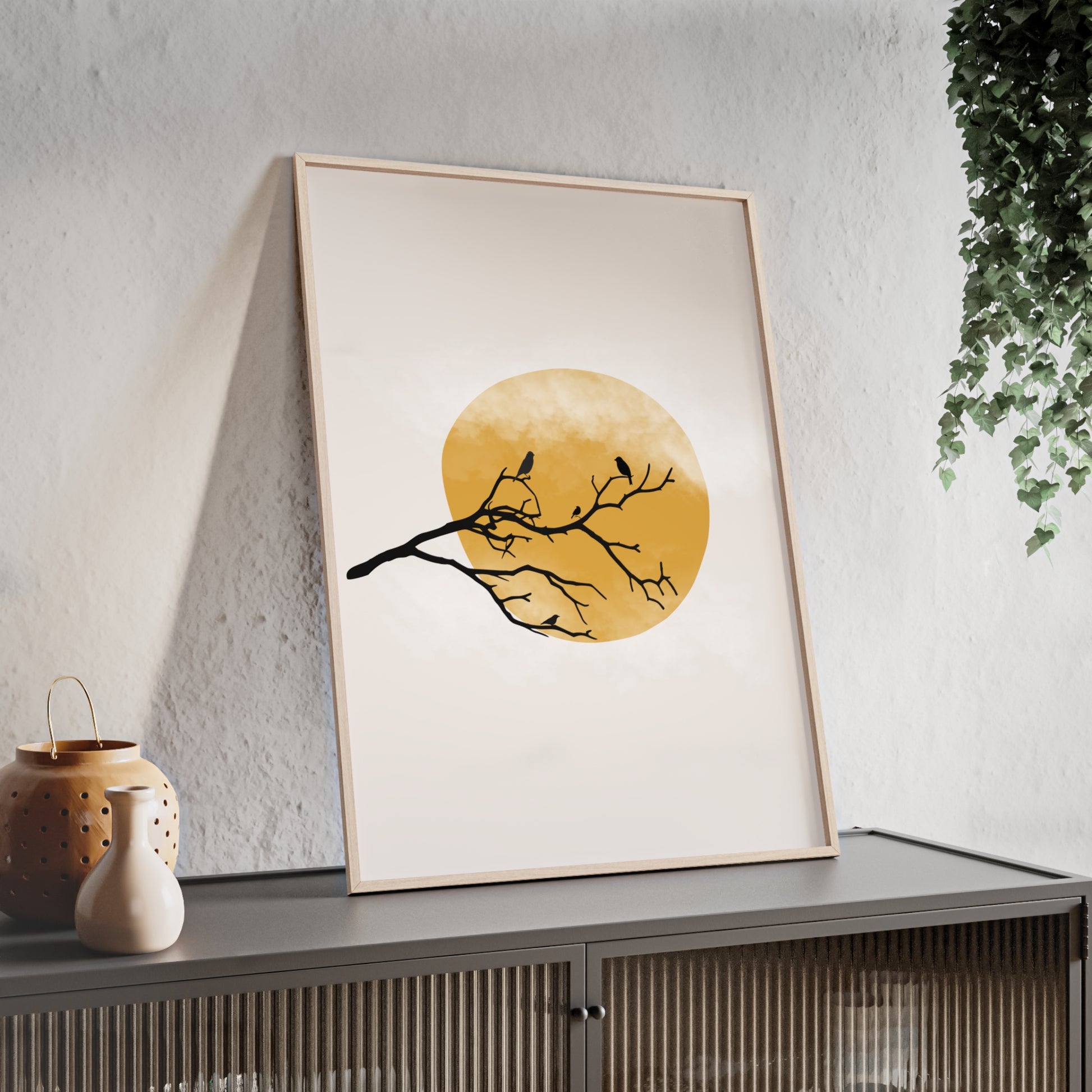 Framed Art Print - Modern Nature Poster with Yellow Sun