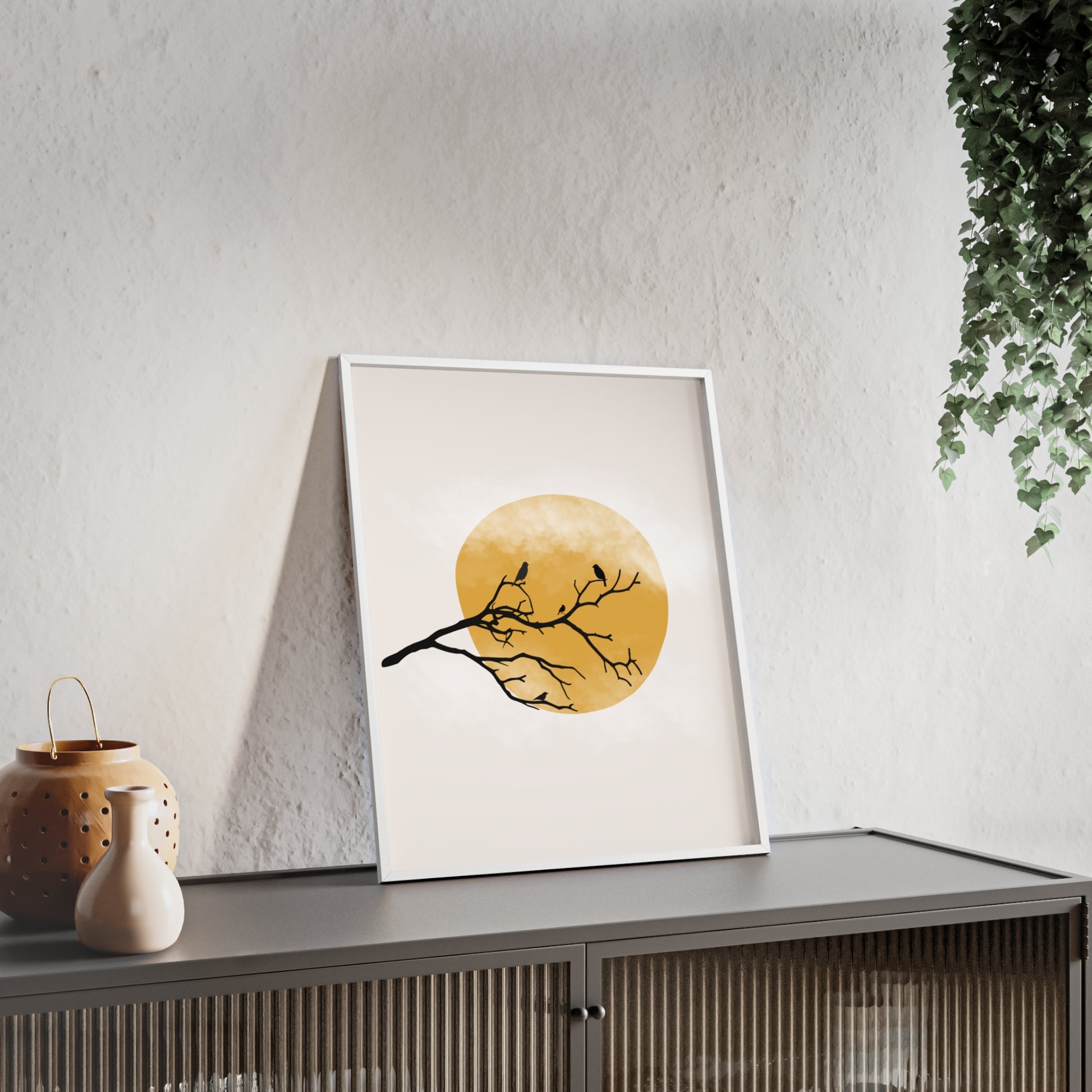 Framed Art Print - Modern Nature Poster with Yellow Sun